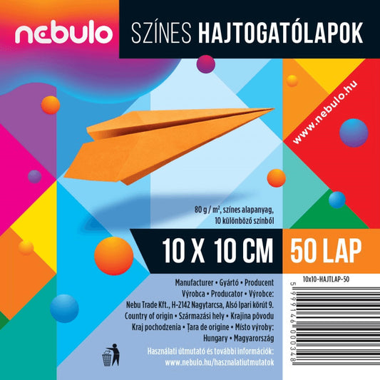 Színes papírok, hajtogatólap 10x10cm, 80g, 50 lap/cs, Nebulo