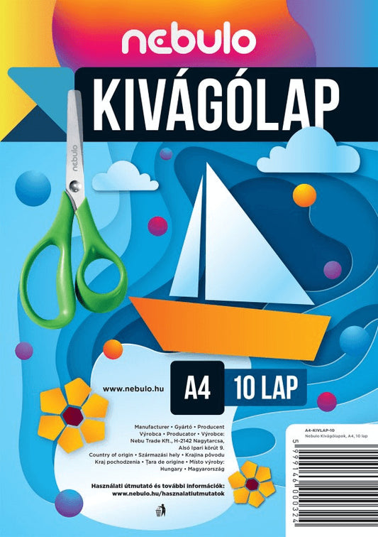 Színes papírok, kivágólapok, A/4, 80g, 10 lap/cs, Nebulo