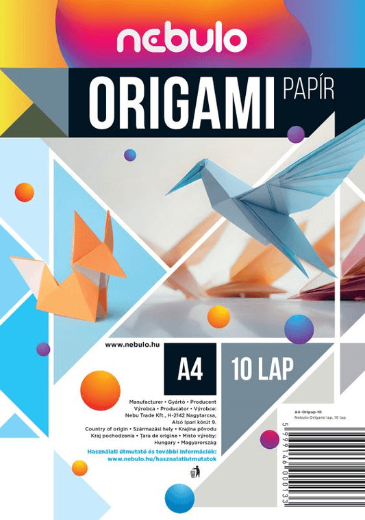 Színes papírok, origamipapír, A/4, 80g, 10 lap/cs, Nebulo