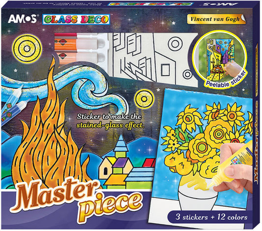 Üvegfóliafesték készlet, 2x22ml és 10x10,5ml festék, 3 kifesthető kép, Amos, Vincent van Gogh