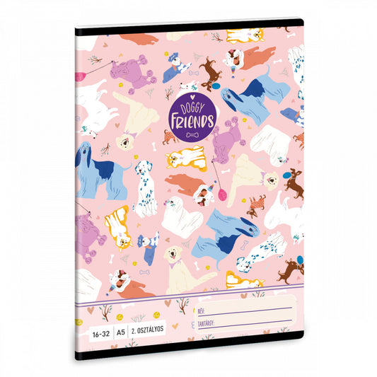 Doggy Friends, kutyás tűzött füzet A/5, 32 lap vonalas 2.osztály (16-32)