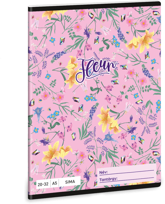 Fleur tűzött füzet A/5, 32 lap sima, rózsaszín, virágos