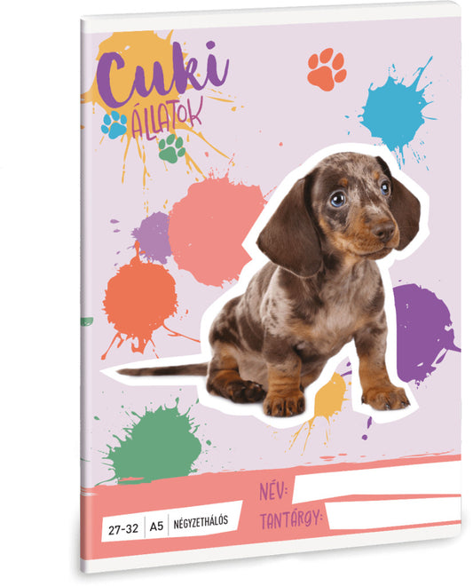 Cuki állatok tűzött füzet A/5, 32 lap kockás, kutya, harlekin tacskó, 2025