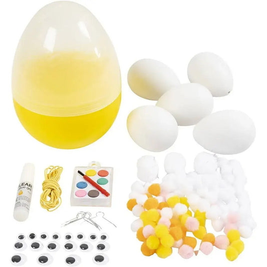 Húsvéti kreatív szett (tojások, pom-pom, festék, mozgó szemek, stb.) tojás formájú műanyag tartóban