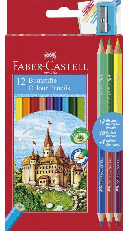 Színes ceruzakészlet 12+3db-os (Bicolor), Faber-Castell, hatszög test