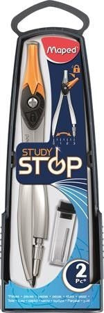 Körző készlet, fém, 2db-os, Maped Study Stop, rögzíthető lábakkal