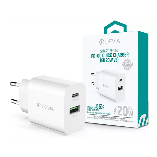 DEVIA ST38524 HÁLÓZATI TÖLTŐ ADAPTER TYPE-C + USB BEMENETTEL - 20W - SMART SERIES PD3.0 + QC3.0 QUICK CHARGER V2 - FEHÉR