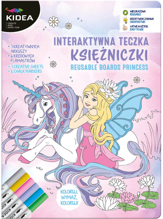 Újrahasználható oktató és színező lapok (4+3 lap) 6 db táblamarkerrel, hercegnős, Kidea