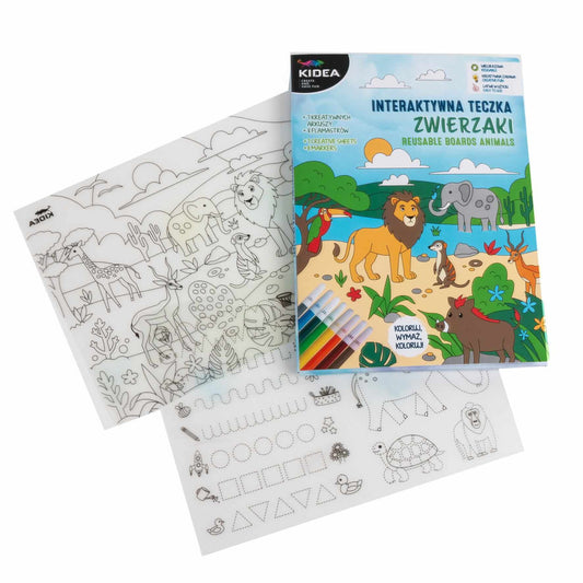 Újrahasználható oktató és színező lapok (4+3 lap) 6 db táblamarkerrel, állatos, Kidea