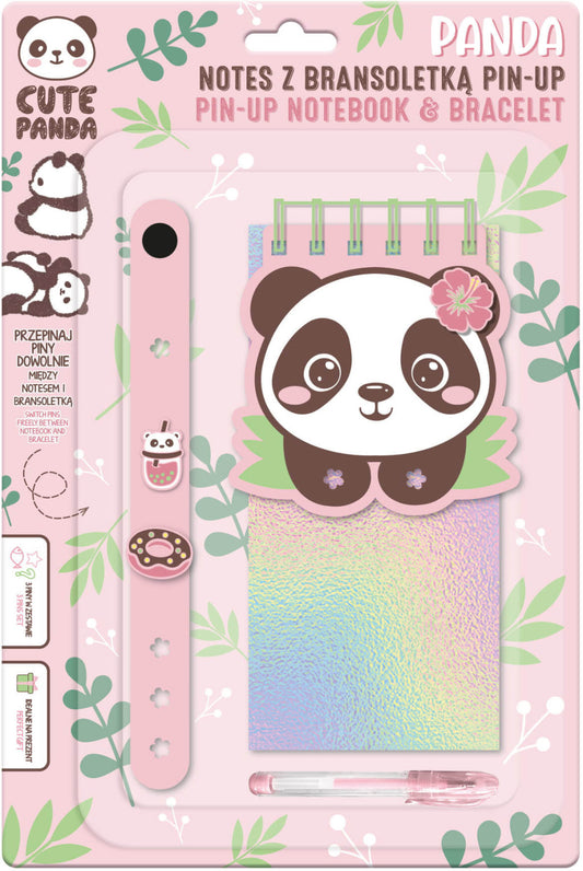 PIN-UP jegyzetfüzet kartkötővel, zseléstollal, 3 díszítő formával, 8,5x17,5 cm, pandás, Kidea