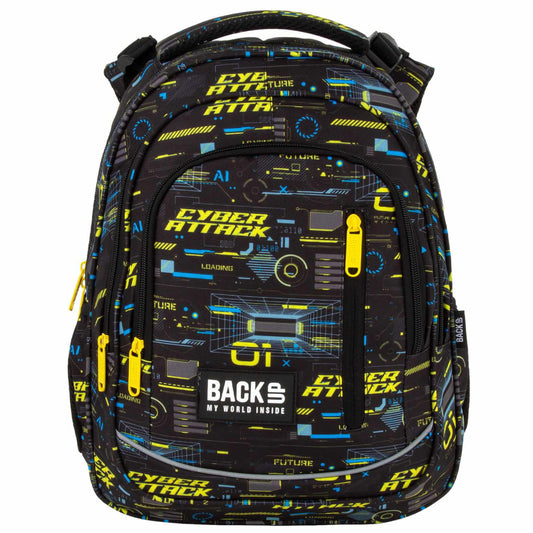 Fiús hátizsák, iskolatáska, 3 rekeszes, 39x27x20cm, BackUp, 2025, R50, fekete-sárga, Cyber Attack