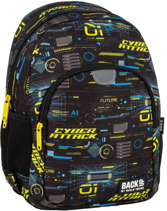 Fiús hátizsák, 2 rekeszes, 34x26x14cm, BackUp, 2025, T50, fekete-sárga, Cyber Attack