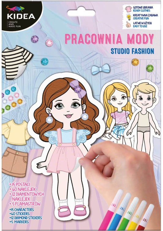 Kreatív divatstúdió, öltöztető szett (15 figura, 60 matrica, 12 strasszkő, 5 filctoll), Kidea
