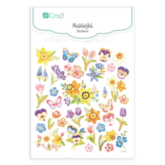 Matrica, tavaszi virágok, csillogó díszítéssel, 15x17cm