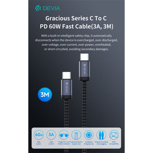 Devia Gracious Series 60W PD Type-C/Type-C adat- és töltőkábel 3m - fekete