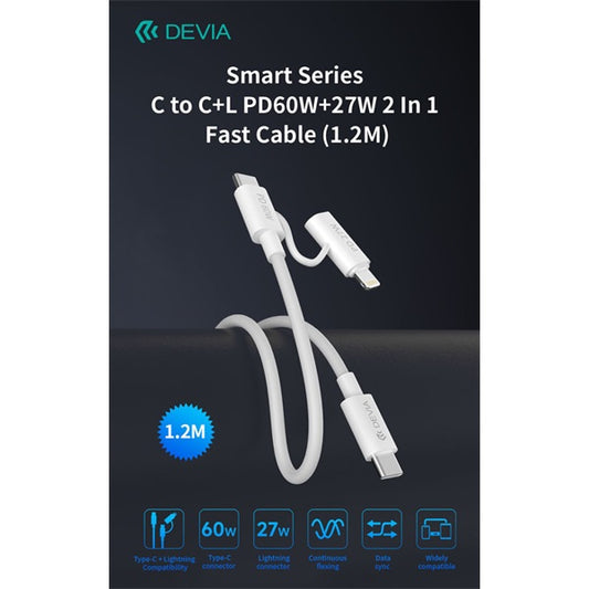 Devia Smart Series 60W+27W PD Type-C/Type-C + Lightning adat- és töltőkábel 1.2m- fehér