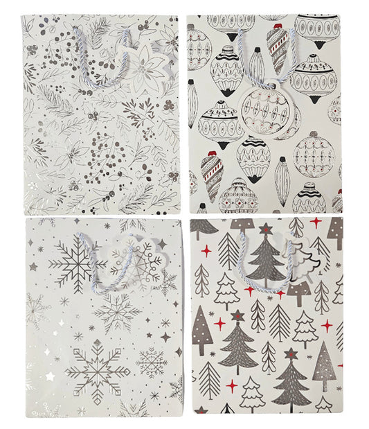 Karácsonyi ajándéktáska 23x18x10cm, közepes, fehér, fekete mintával, 4 féle