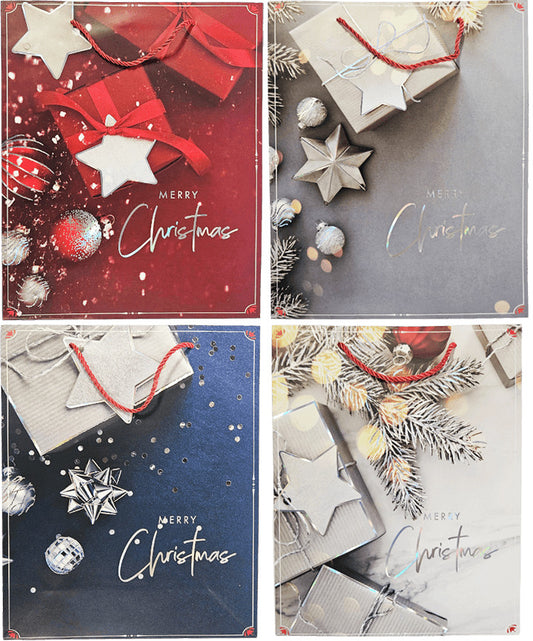 Karácsonyi ajándéktáska 32x26x10cm, nagy, ajándékdobozos mintával, 4 féle