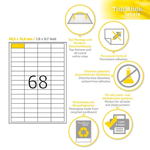 Etikett címke Topstick 48.5x16.9 mm szegéllyel 100 ív 6800 db/doboz