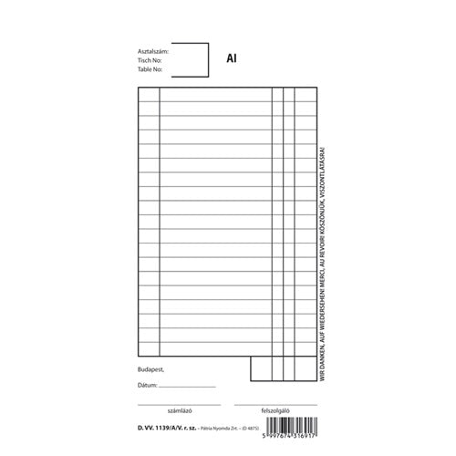 Felszolgáló számla 25x2 lapos tömb 102x203 mm
