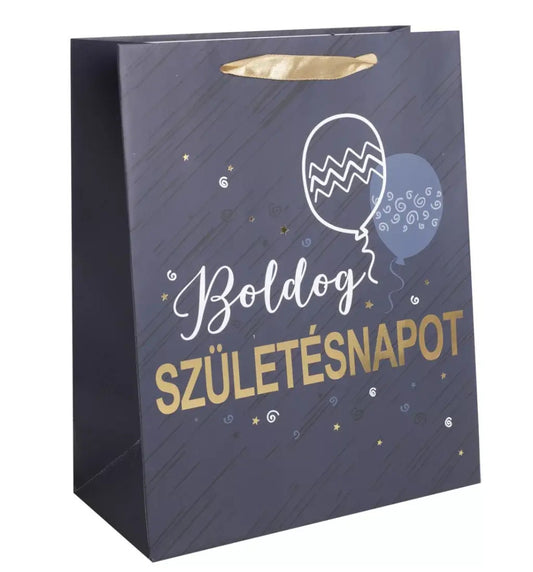 Születésnapi ajándéktáska 23x18x10cm, közepes, Boldog Születésnapot felirattal, sötétkék