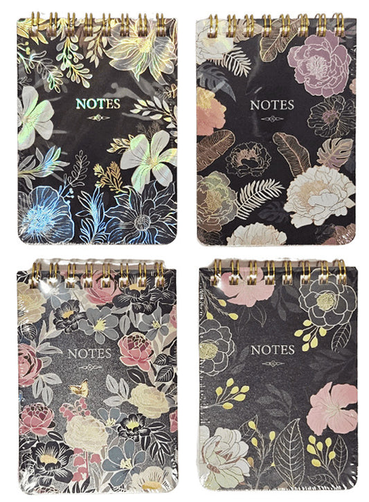 Mini spirál notesz, A/7, 7x10cm, metál virágos mintával, többféle változat