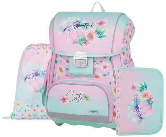 Virágos csatos ergonómikus iskolatáska tolltartóval és tornazsákkal, Premium, rózsaszín-zöld