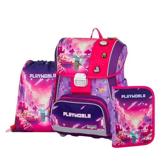 Minecraft mintás csatos ergonómikus iskolatáska tolltartóval és tornazsákkal, Premium, Playworld Girl, lila-rózsaszín