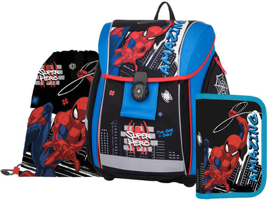 Pókember mágneszáras ergonómikus iskolatáska tolltartóval és tornazsákkal, Premium Light, Amazing Spiderman