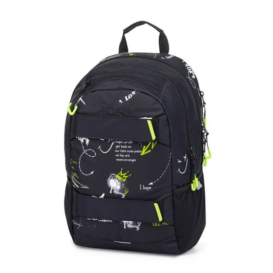 OXY Sport hátizsák, iskolatáska beledobálós tolltartóval, 3 rekeszes, 46x32x16cm, Graffiti, fekete