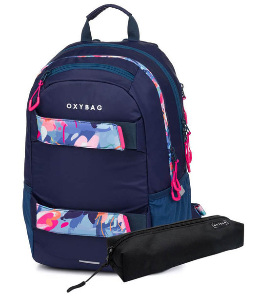 OXY Sport hátizsák, iskolatáska beledobálós tolltartóval, 3 rekeszes, 46x32x16cm, Flowers Blue, sötétkék virágos