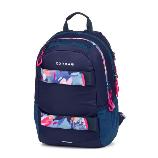 OXY Sport hátizsák, iskolatáska beledobálós tolltartóval, 3 rekeszes, 46x32x16cm, Flowers Blue, sötétkék virágos