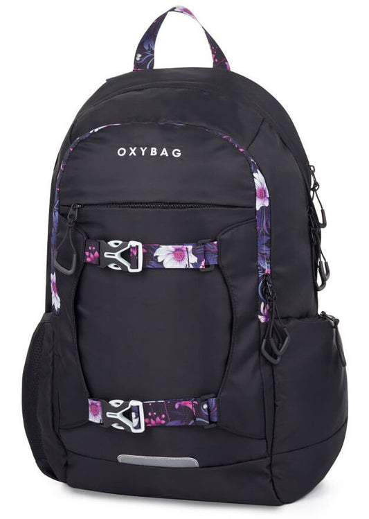OXY Zero hátizsák, iskolatáska, 3 rekeszes, 47x32x18cm, Flowers, fekete