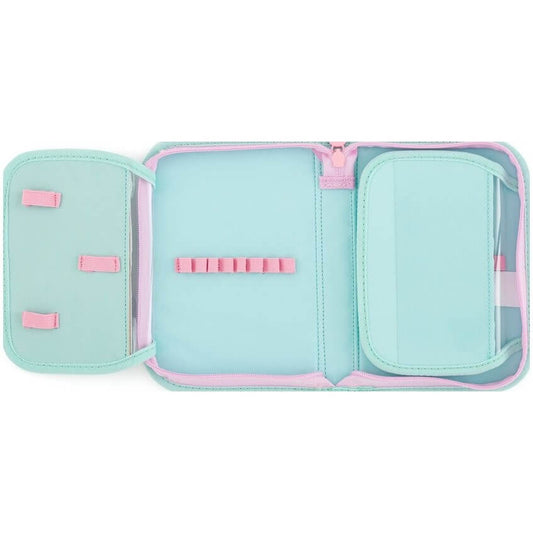 Virágos tolltartó klapnis, üres, rózsaszín-zöld