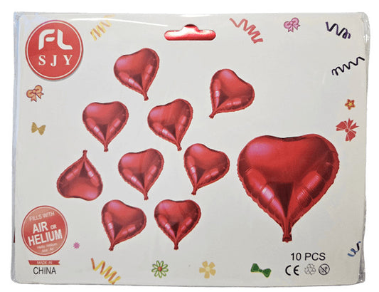 Szív alakú lufik, fólia, 10 db/csomag (1 db 56x60cm, 9 db 25x25cm)