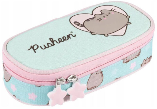 Pusheen cicás tolltartó, beledobálós, ovális, mentazöld