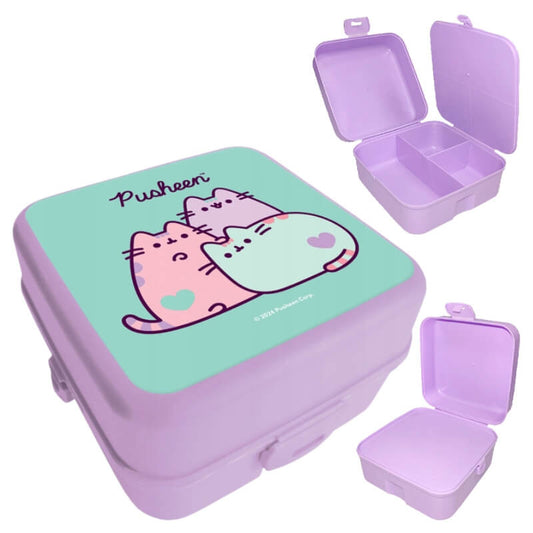 Pusheen cicás uzsonnás doboz, 14x14x8cm, lila-zöld
