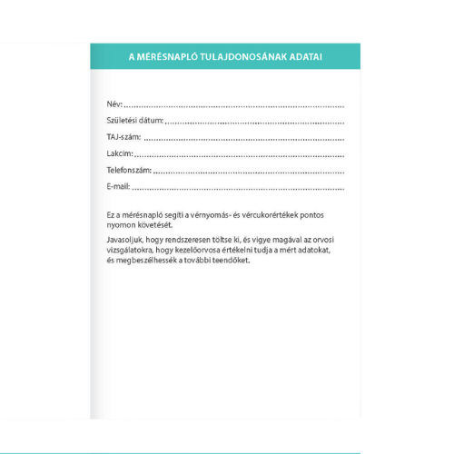 Mérésnapló napi vérnyomás- és vércukorértékek rögzítéséhez 115x160 mm