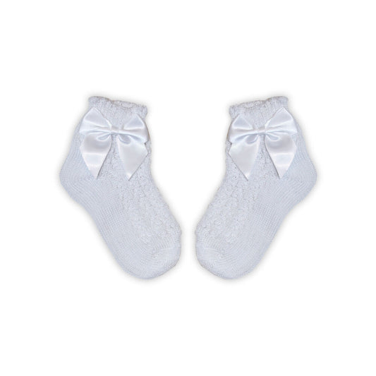 100% pamut kislány baba bokazokni horgolt felsőrésszel - masni díszítéssel - fehér - 16-17