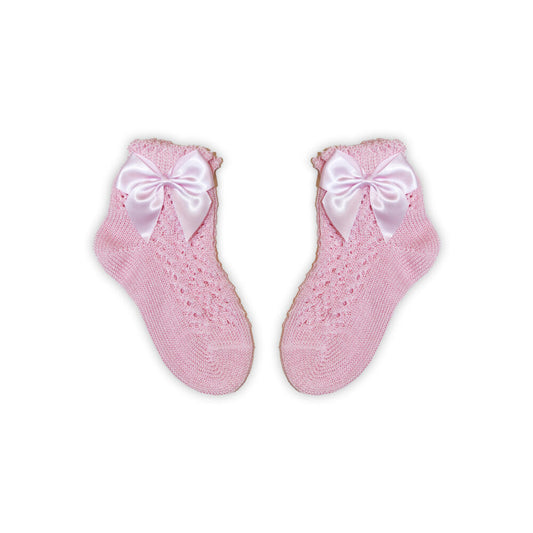 100% pamut kislány baba bokazokni horgolt felsőrésszel - masni díszítéssel - rózsaszín - 16-17