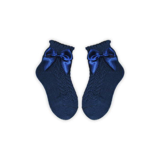 100% pamut kislány baba bokazokni horgolt felsőrésszel - masni díszítéssel - sötétkék - 16-17