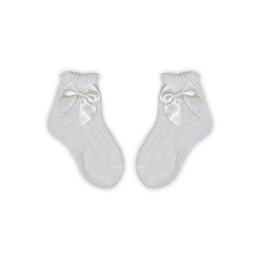100% pamut kislány baba bokazokni horgolt felsőrésszel - masni díszítéssel - vanília - 14-15