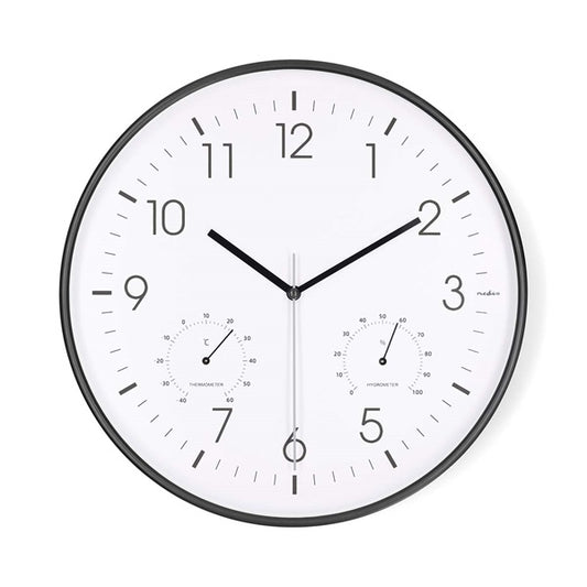 Nedis CLWA4226BK falióra, 30 cm átmérő, műanyag, csendes szerkezet: óra, hőmérő, páratartamom mérő