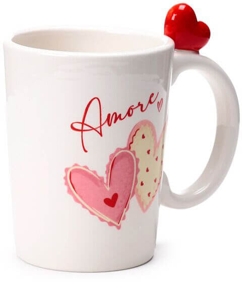 Szívecskés bögre, kerámia, 10,5x12,5cm, 400ml, szív formával a fülén, Amore