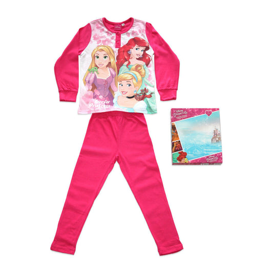 Hosszú vékony pamut gyerek pizsama - Hercegnők - Aranyhaj, Ariel, Csipkerózsika mintával - Jersey - pink - 98