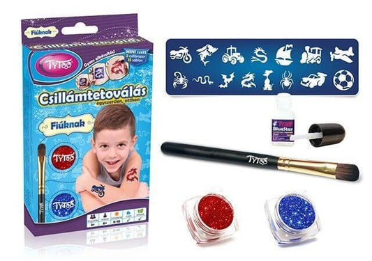 Csillámtetoválás szett, Mini, Fiús (kék) Plucky 15 sablonnal és 2 csillámporral