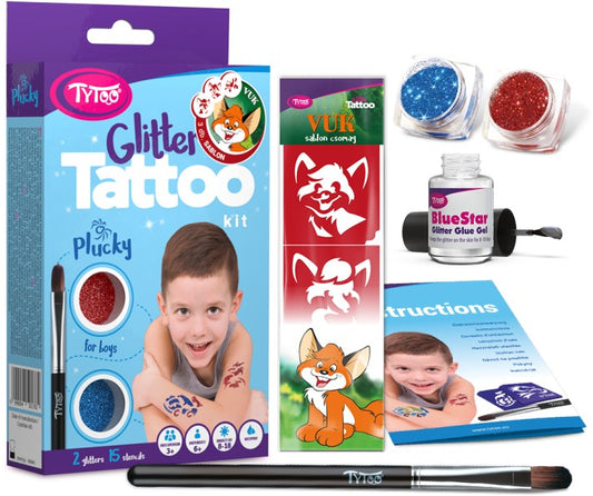 Csillámtetoválás szett, Mini, Fiús (kék) Plucky 15 sablonnal és 2 csillámporral