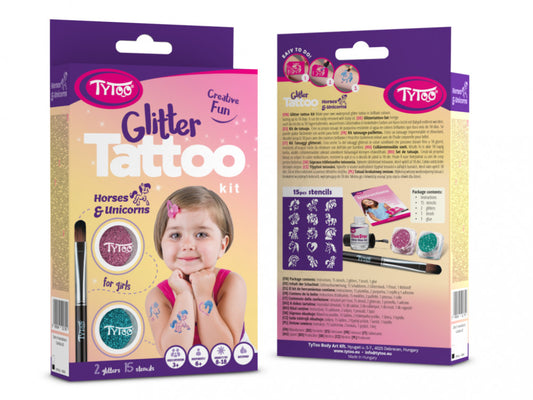 Csillámtetoválás szett, Lovak és Unikornisok, 15 sablonnal és 2 csillámporral