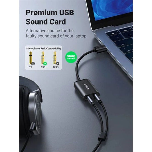 UGREEN Adapter USB-A - Headset Mikrofon és Audio, 3,5mm AUX konverter, M/F/F, fekete