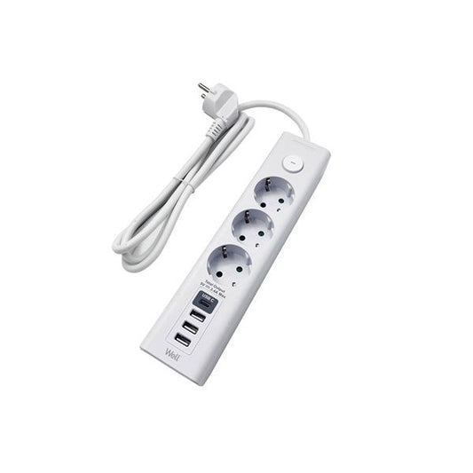 WELL Hálózati elosztó 3-as, 3x USB-A, 1x USB-C, 3m, fehér